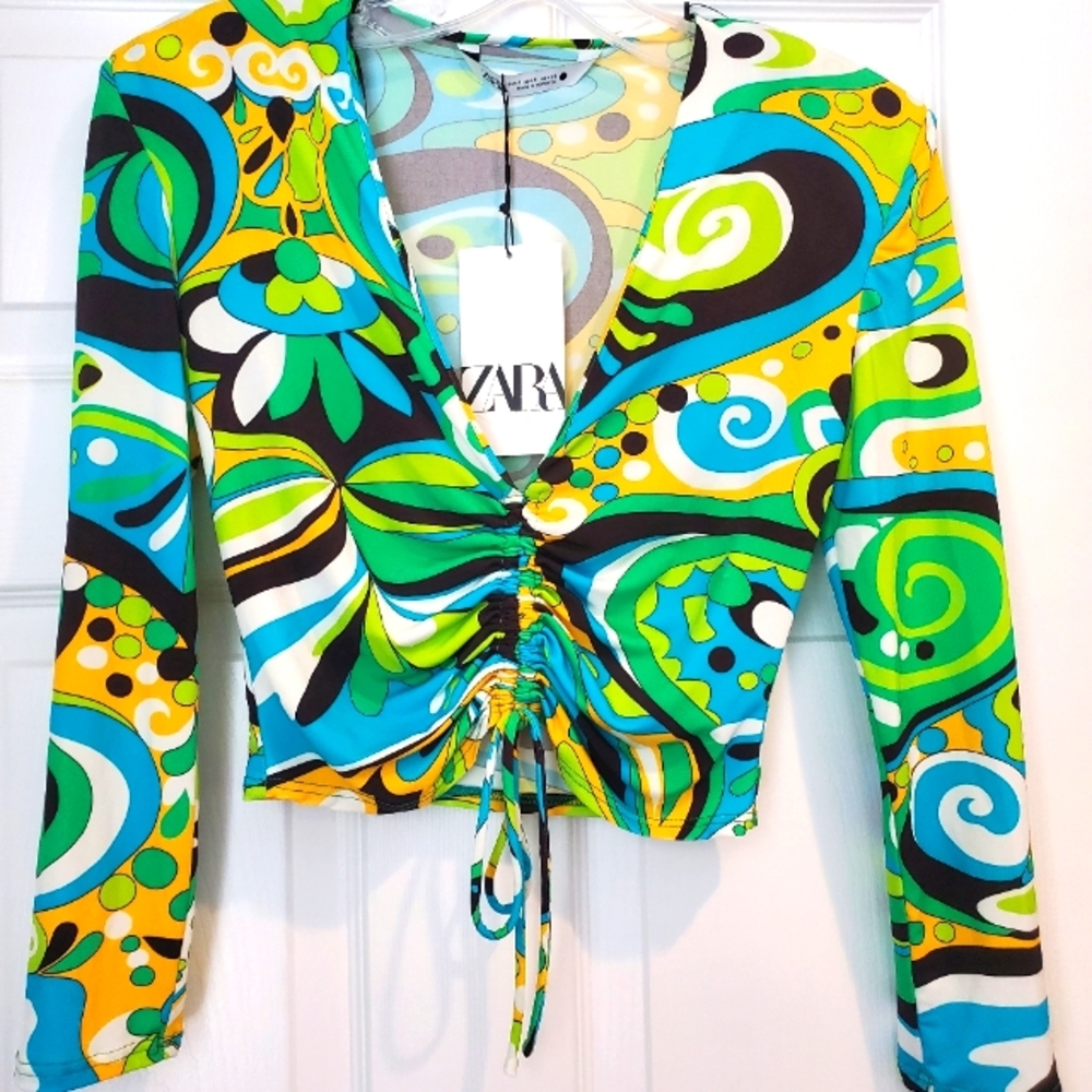 NWT Zara Multicolor Retro Print Long Sleeve Crop Top Sz S